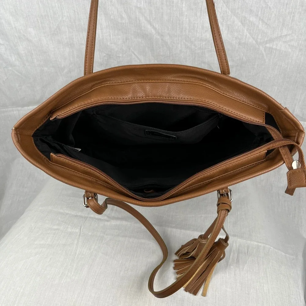 Nine West Tote Bag Black White Striped Faux‎ Leather Tassels Brown Trim